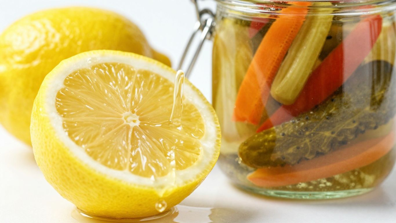 Citrus, vinegar, and pickled vegetables for cooking.