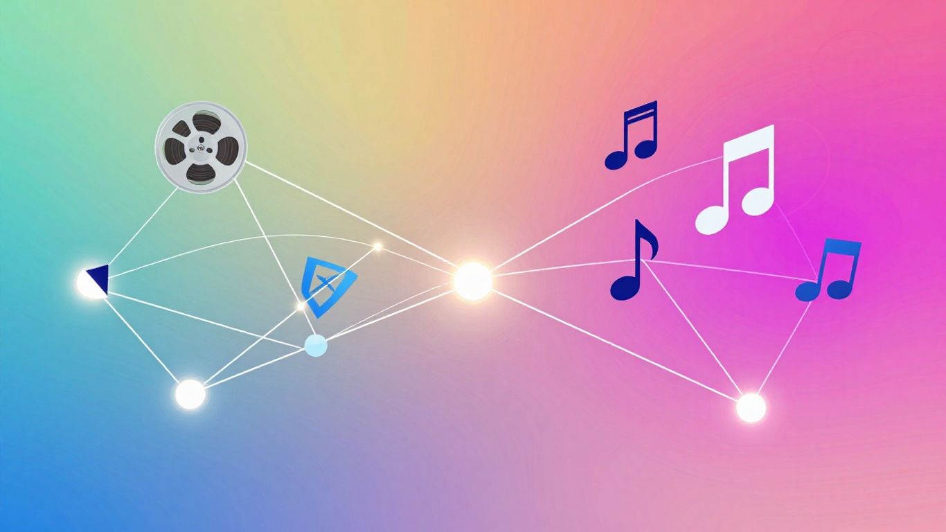 Blockchain technology integrated with media and intellectual property icons.