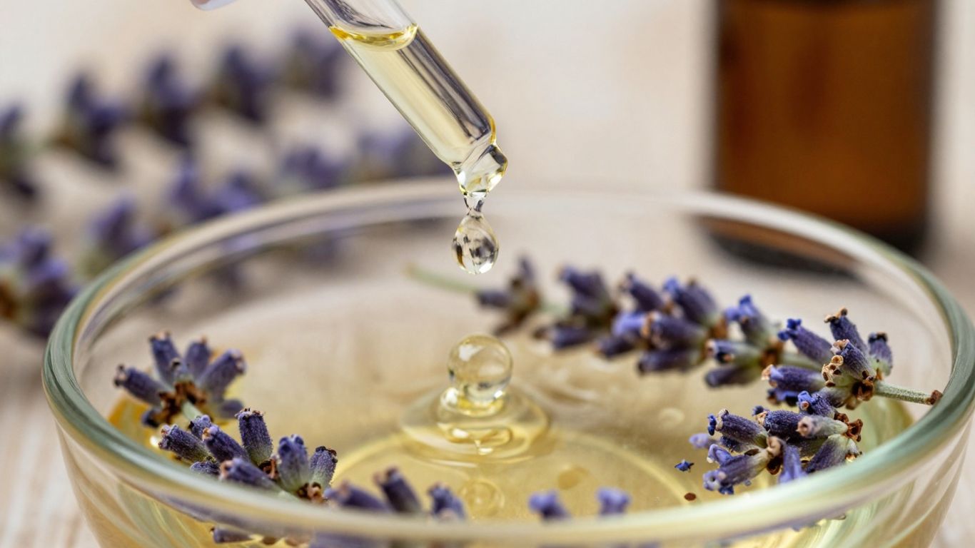 Pure essential oil droplets falling onto lavender sprigs.
