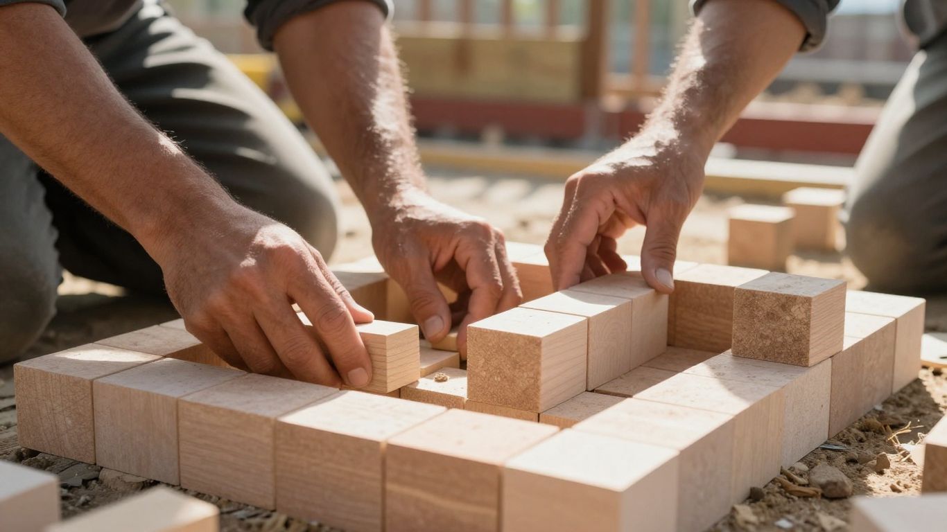 Contractor building with blocks, strategic growth concept.