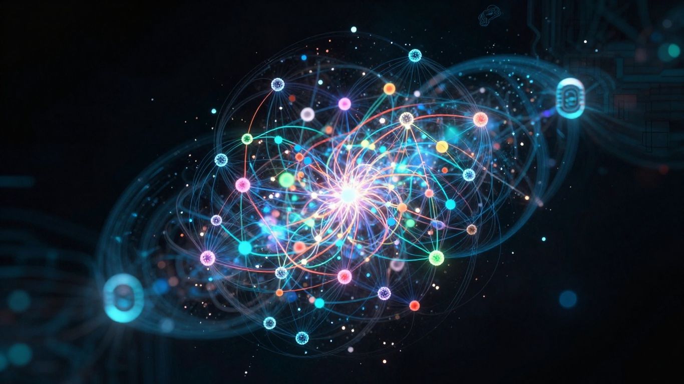 Interconnected quantum particles in a futuristic space.