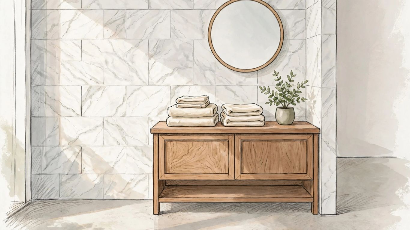 Honed marble tile beside warm wood and soft neutral finishes