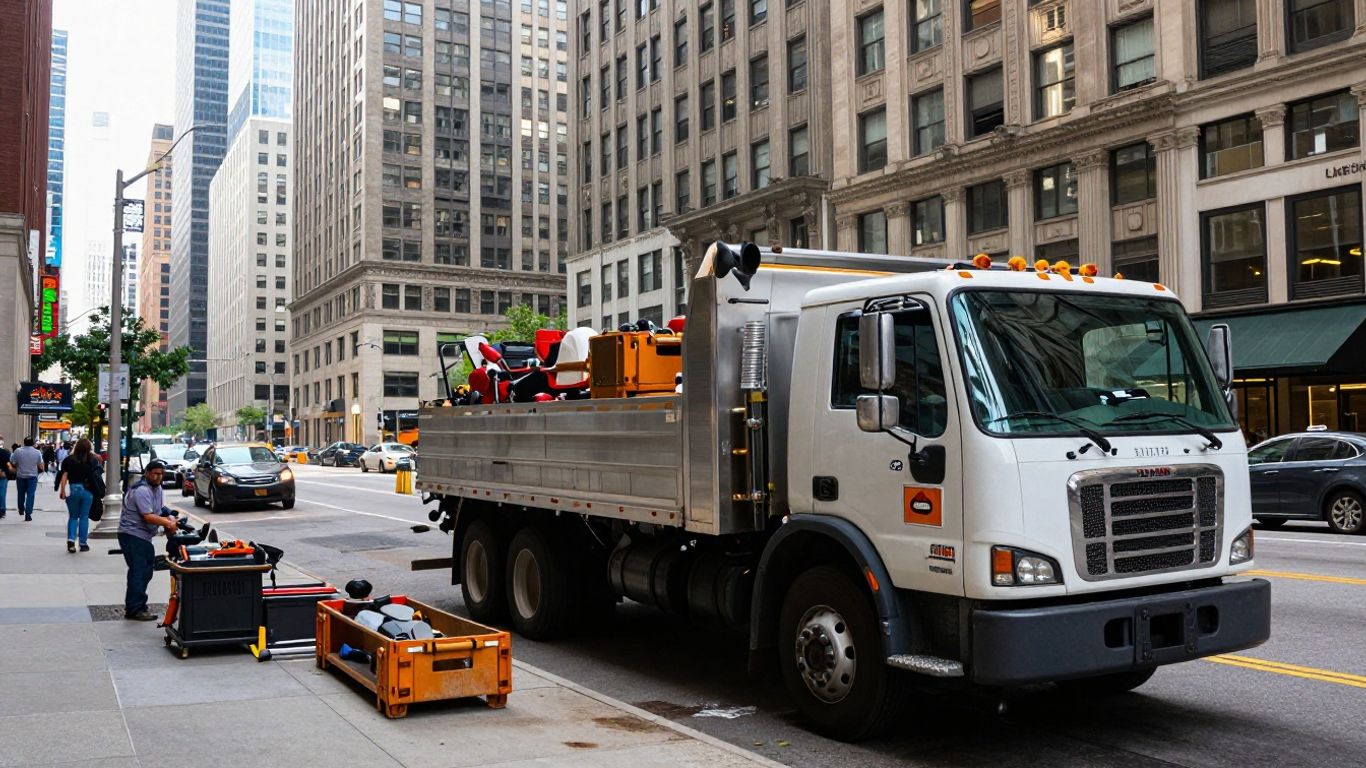 Chicago skyline with contractor's truck and tools.