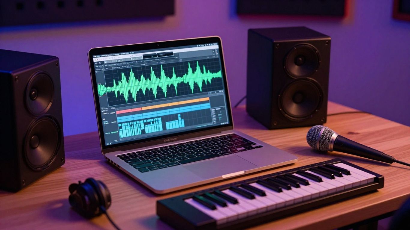 Home music studio with laptop, keyboard, and microphone.