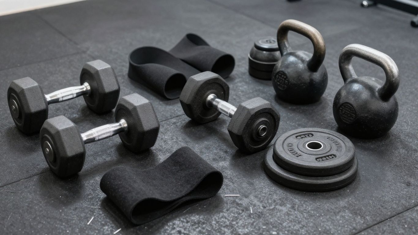 Various strength training fitness equipment for workouts.