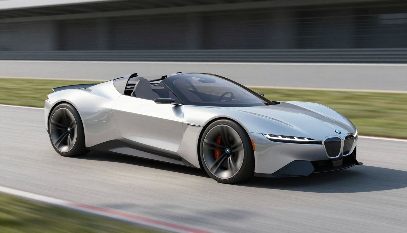 سيارة BMW Z/Z رودستر كهربائية مستقبلية بمظهر انسيابي بسيط وعجلات مكشوفة على حلبة سباق حديثة