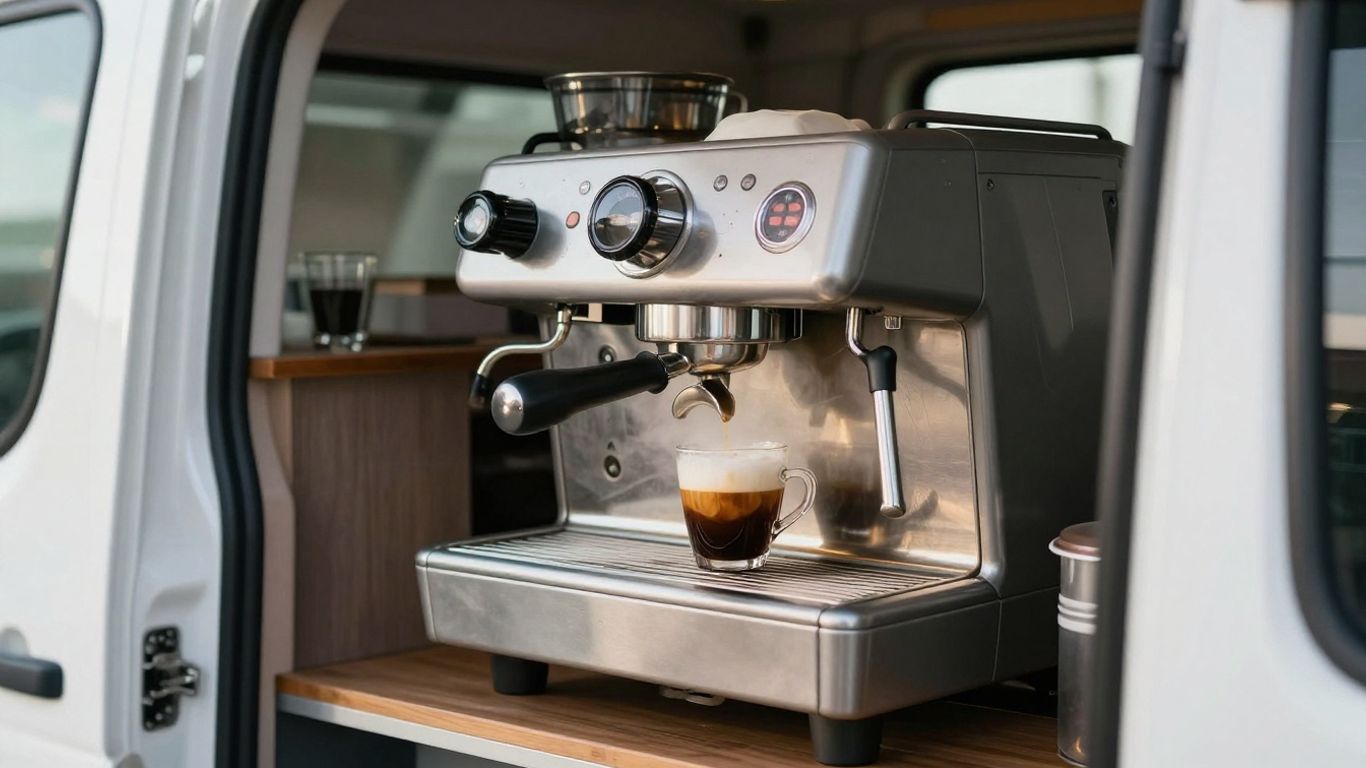 Mobile coffee van interior with professional coffee machine.