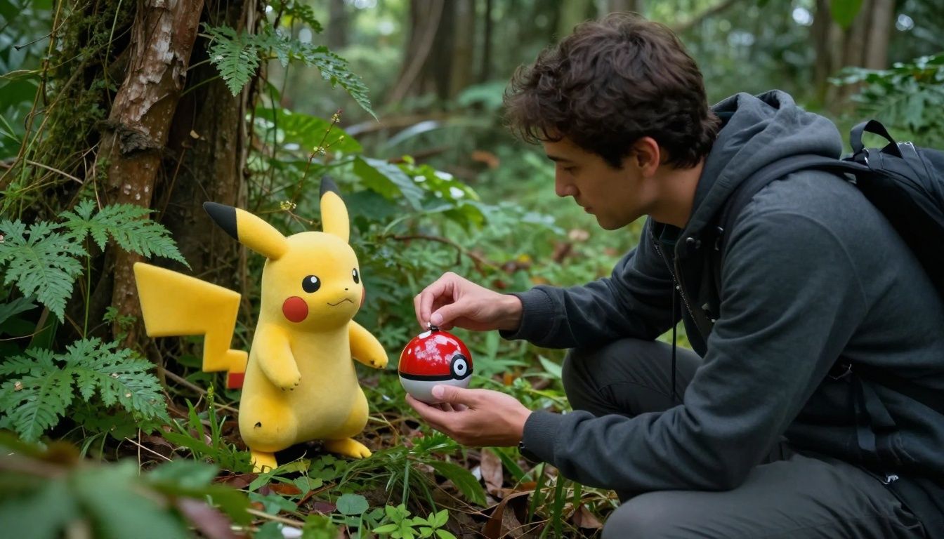 Treinador explorando uma área natural ao entardecer enquanto observa um Pokémon raro surgir entre a vegetação, com Poké Bolas preparadas e uma atmosfera de aventura