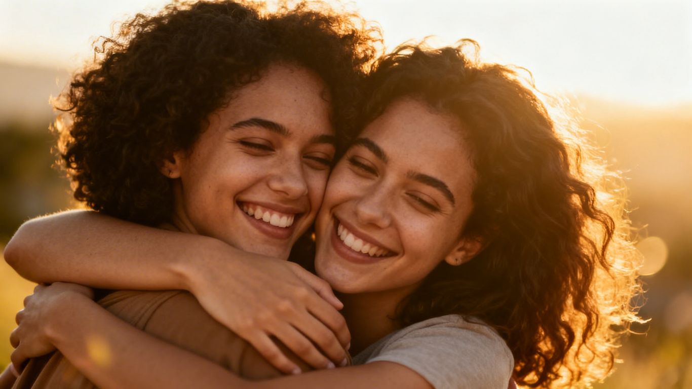 Two friends embracing warmly, smiling.