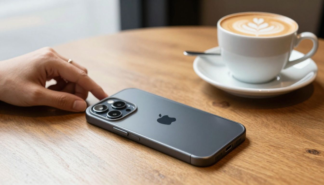 A person in a sunlit Australian cafe placing their iPhone 16e with a stylish case on the table next to a coffee.
