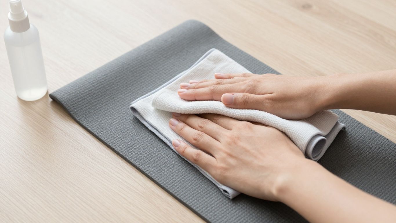 Hands wiping a yoga mat with a cloth