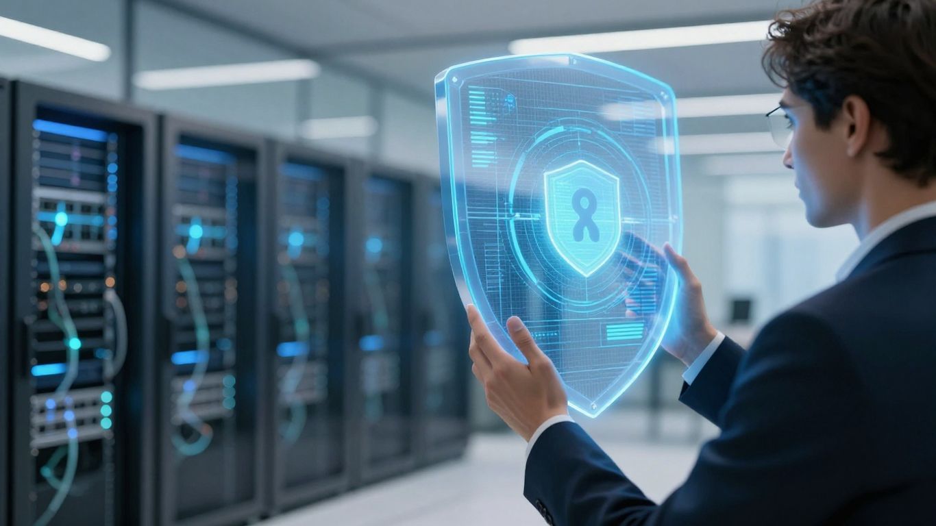 Digital shield protecting network servers from cyber threats.