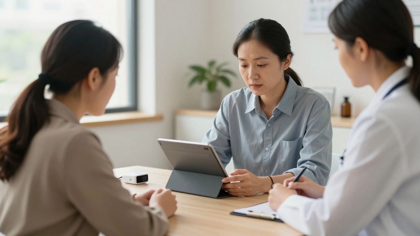 Pessoa em consulta observando dados de saúde em um tablet
