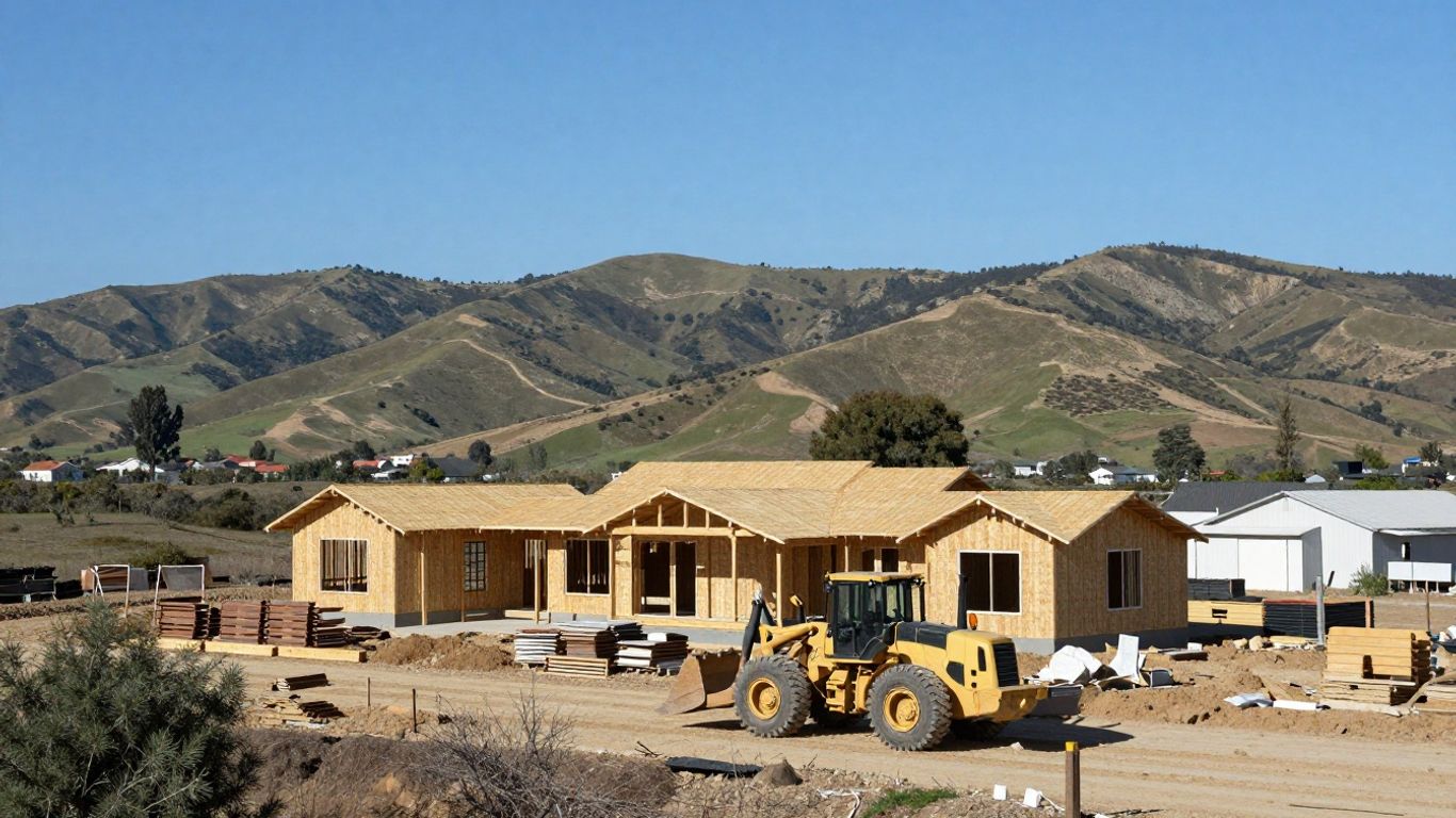 California landscape with construction site and rolling hills.