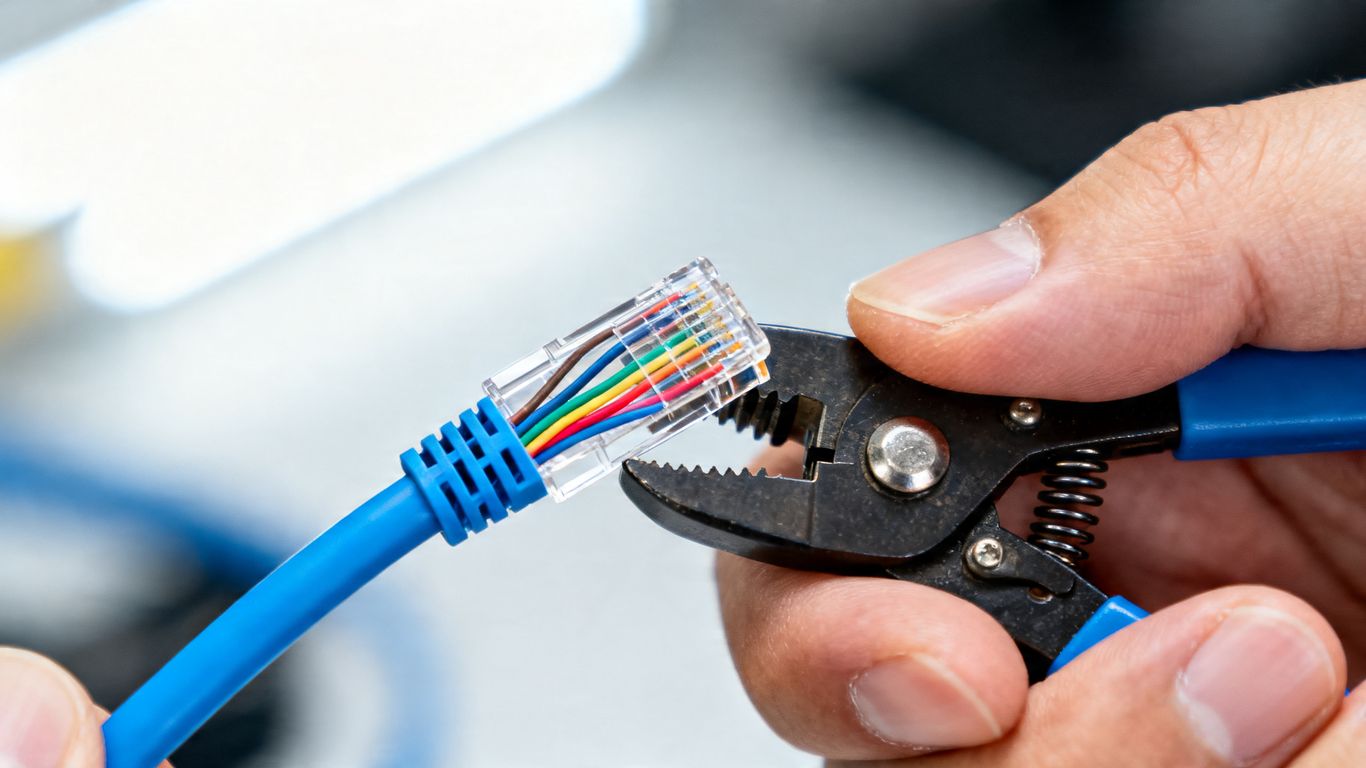 Hand terminating Ethernet cable with RJ45 connector.