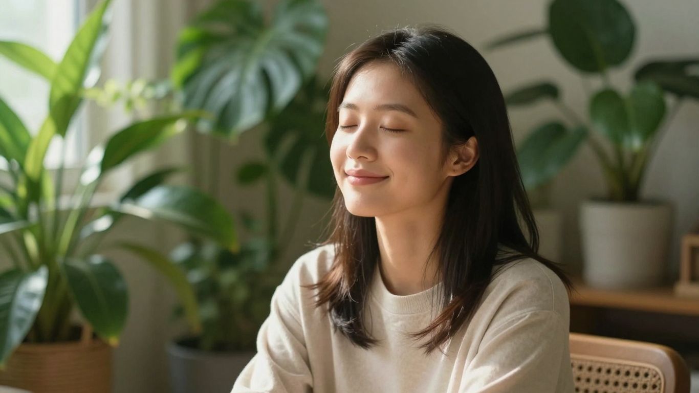 Person smiling with eyes closed in warm light.