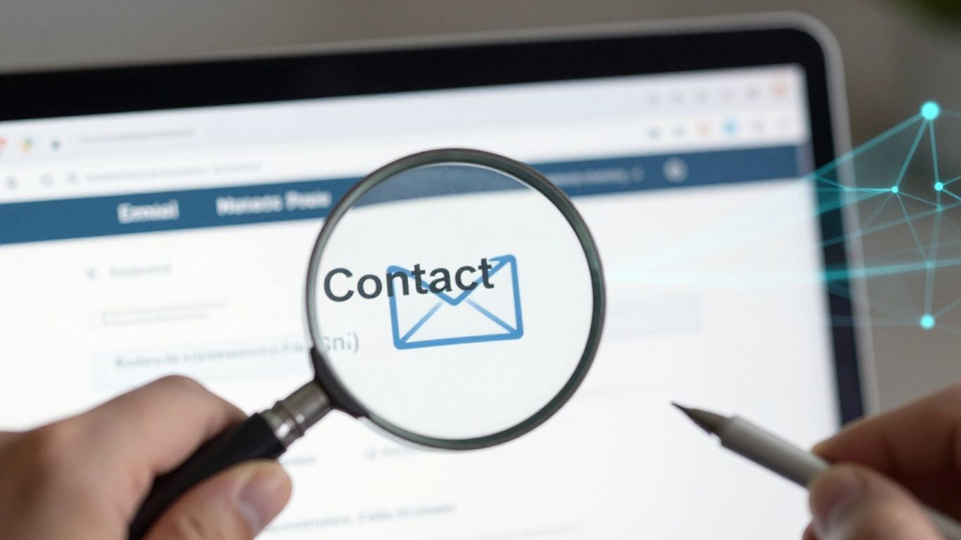 Website email address highlighted with magnifying glass and data overlay.
