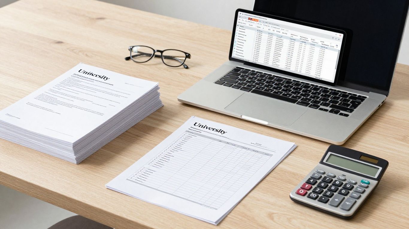 A laptop showing financial data with a calculator and student loan documents on a clean desk