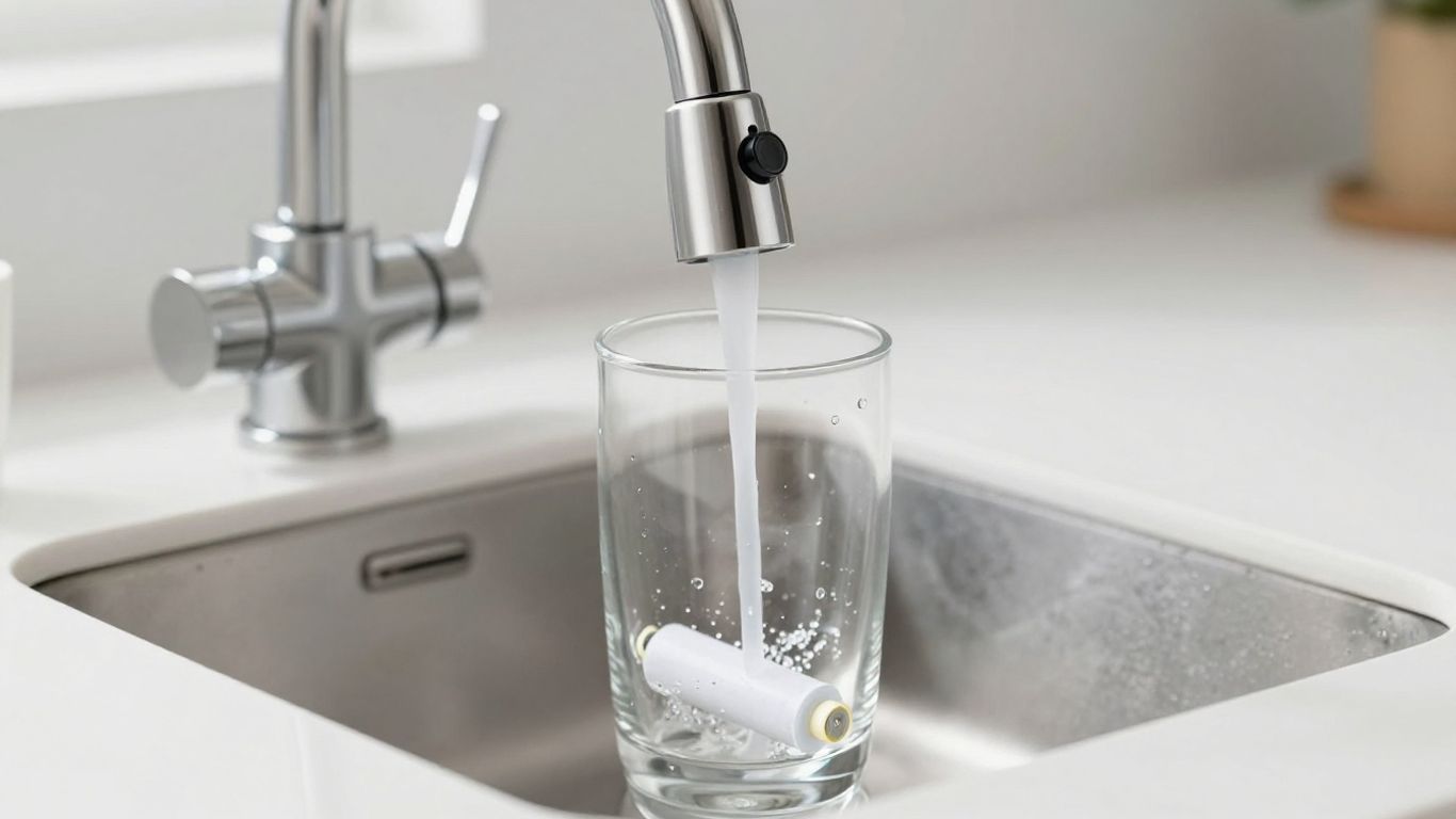Reverse osmosis faucet beside mineral water glass