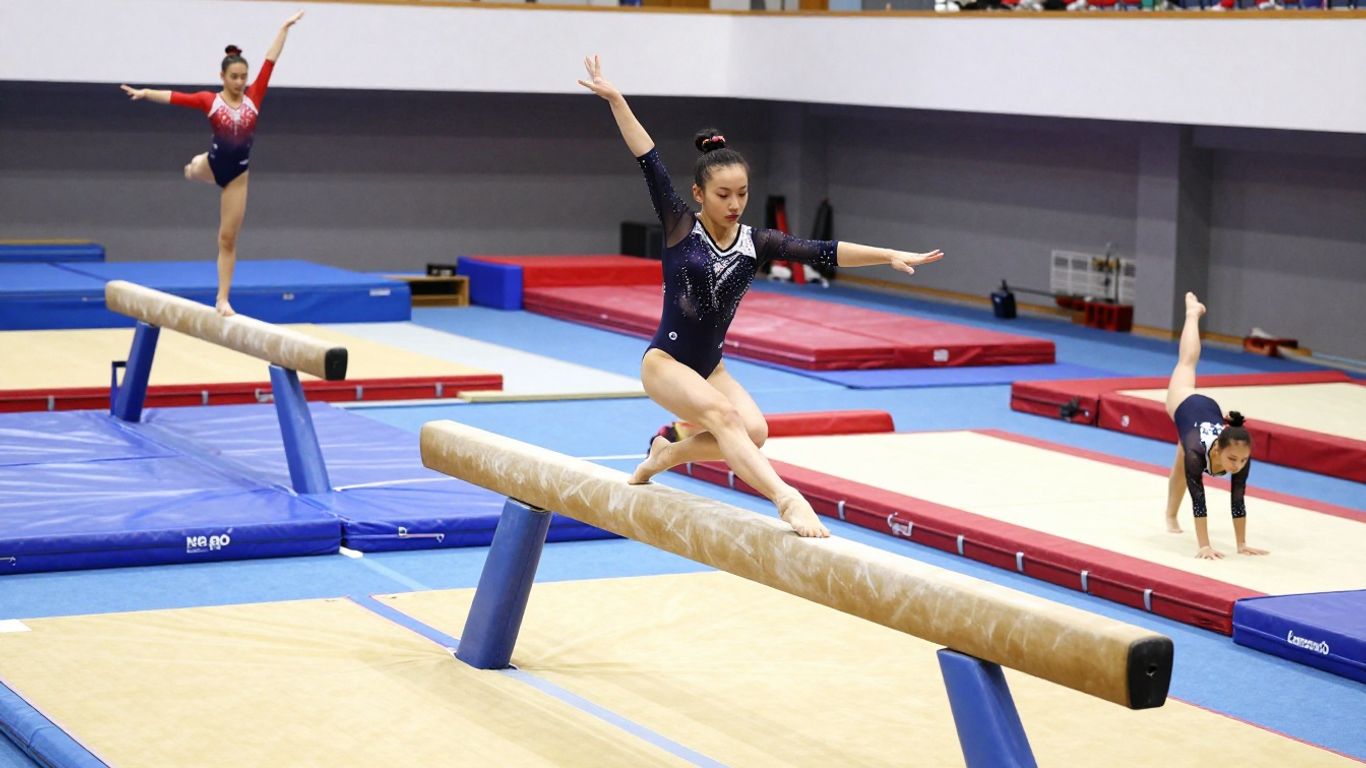 Gymnasts performing routines on beams and floor.