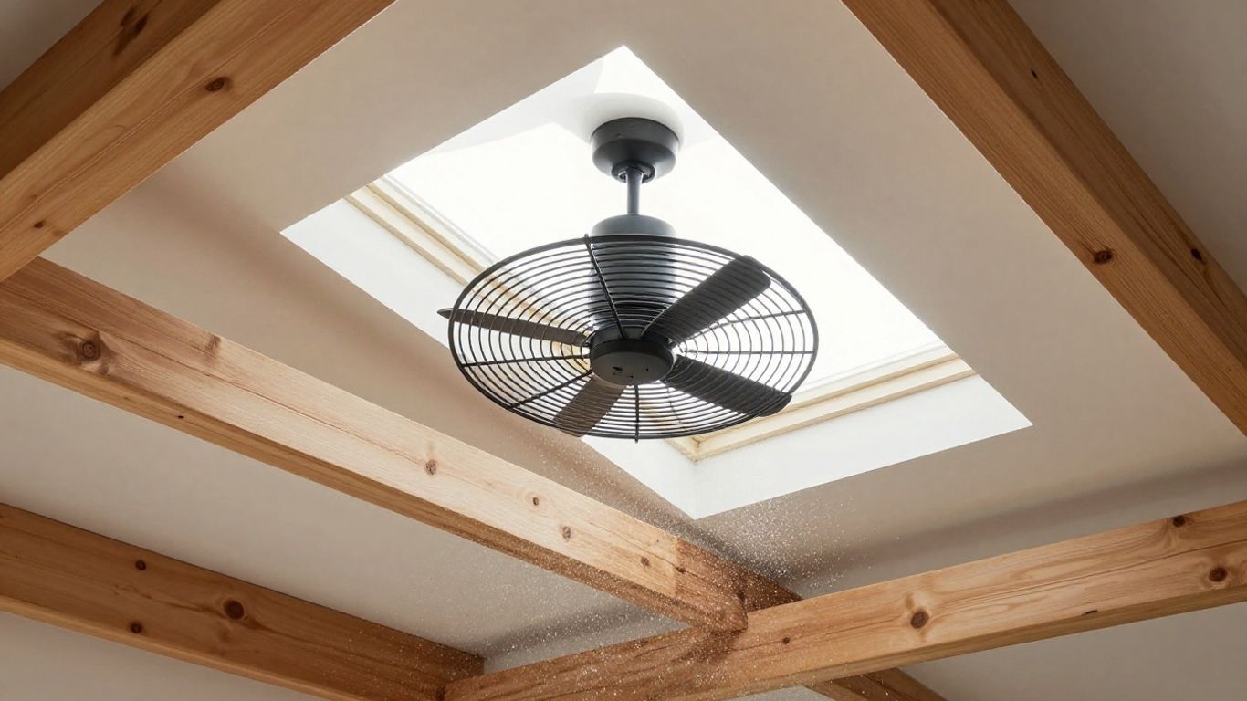 Attic fan installed in a clean, bright attic space.