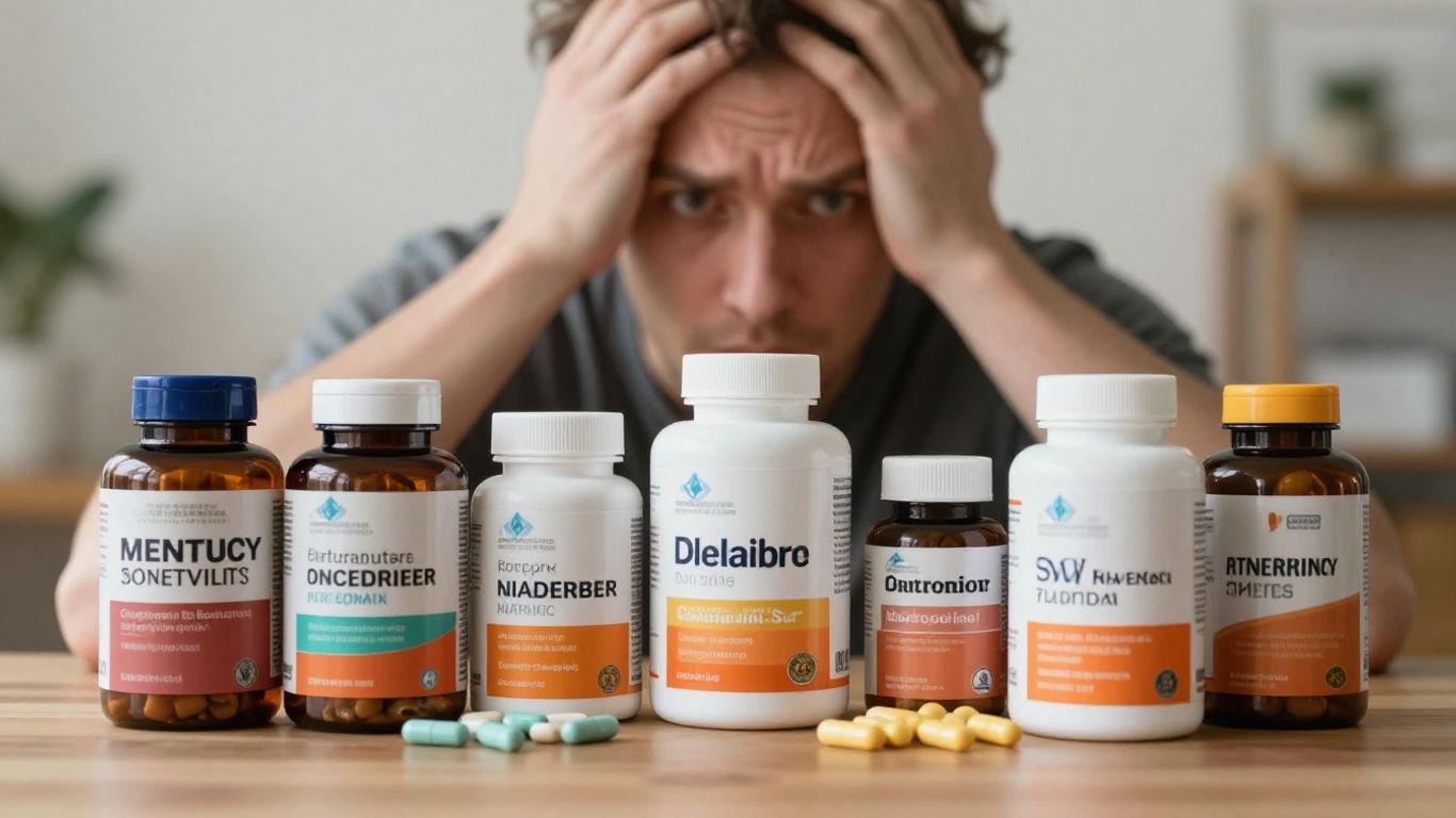 Persona escéptica mirando suplementos de salud.