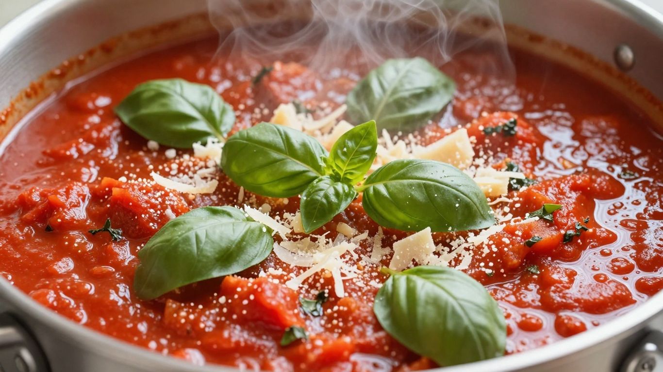 Rich marinara sauce in a pot with basil and cheese.