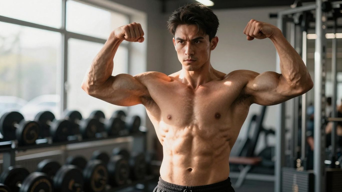 Muscular bodybuilder in gym, sunlight highlighting muscles.