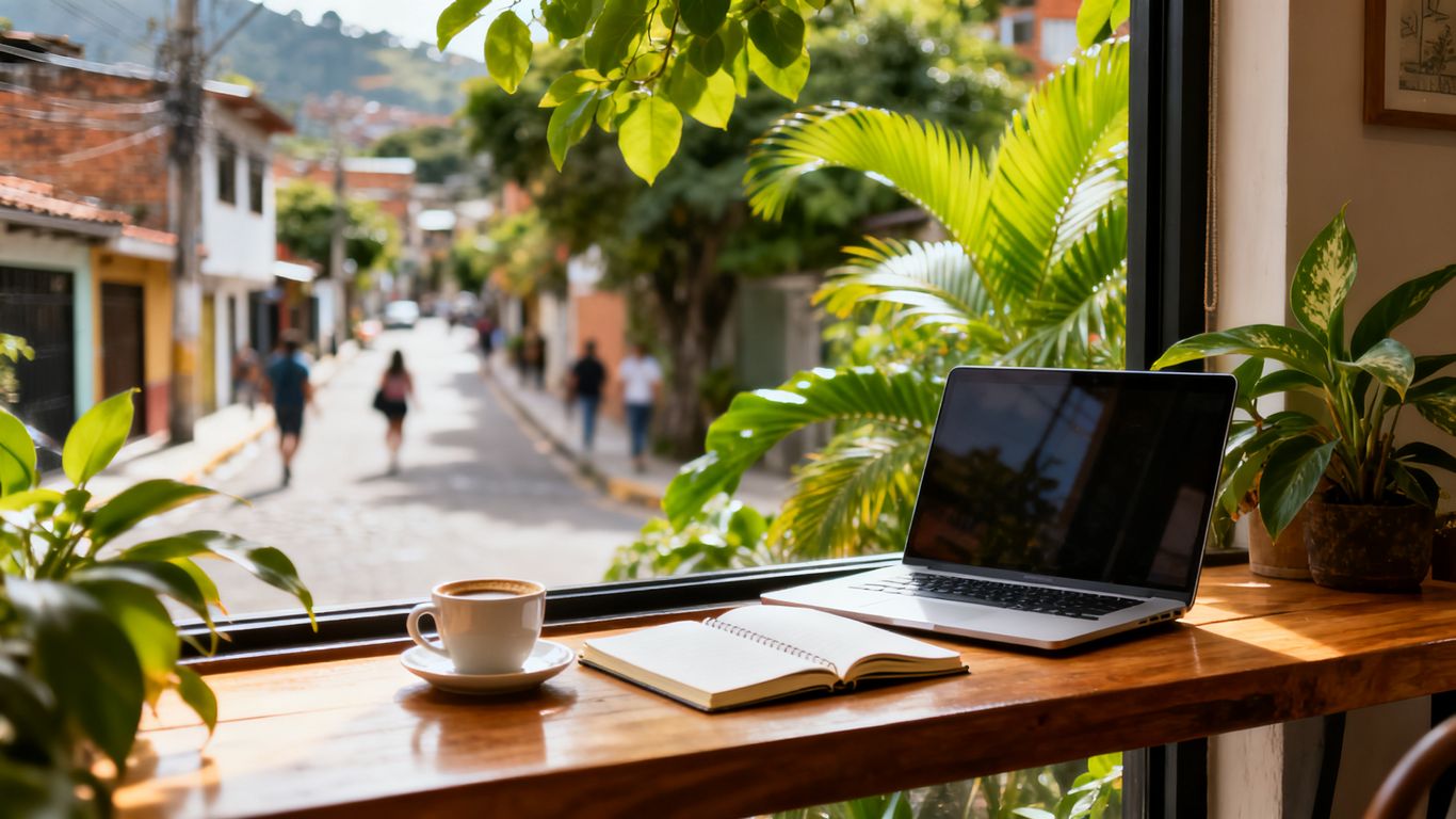 Laptop workspace beside Medellin neighborhood streets