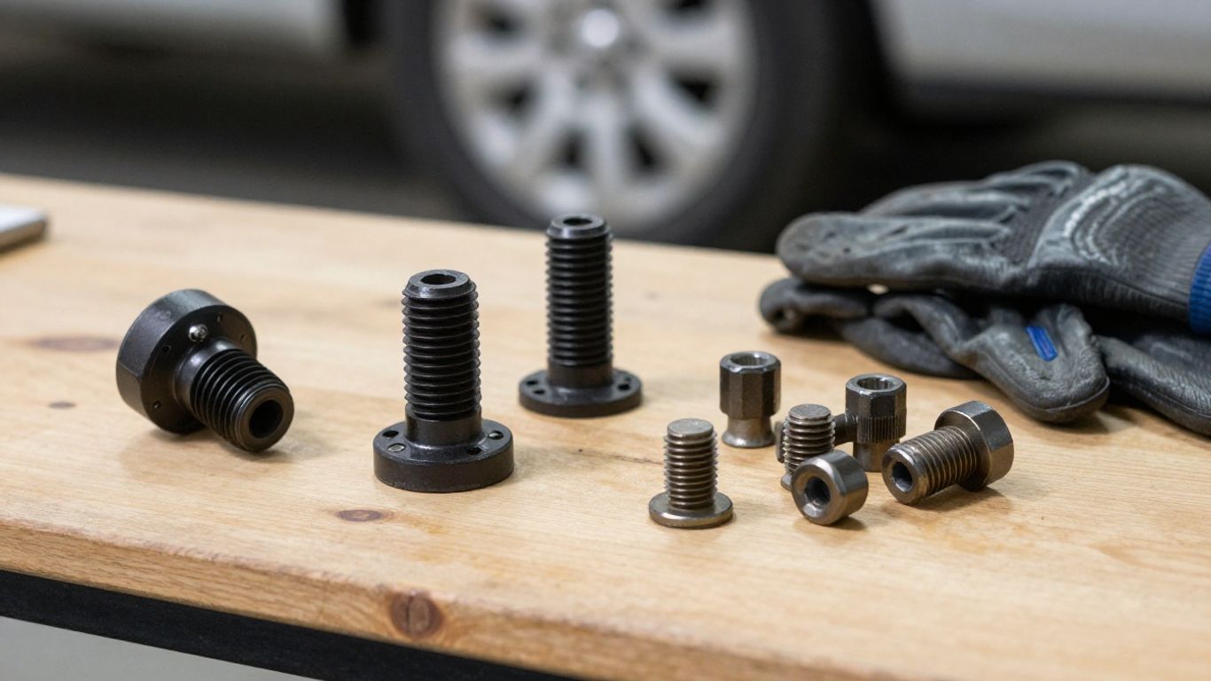 Used and new tie rod ends arranged on workshop bench