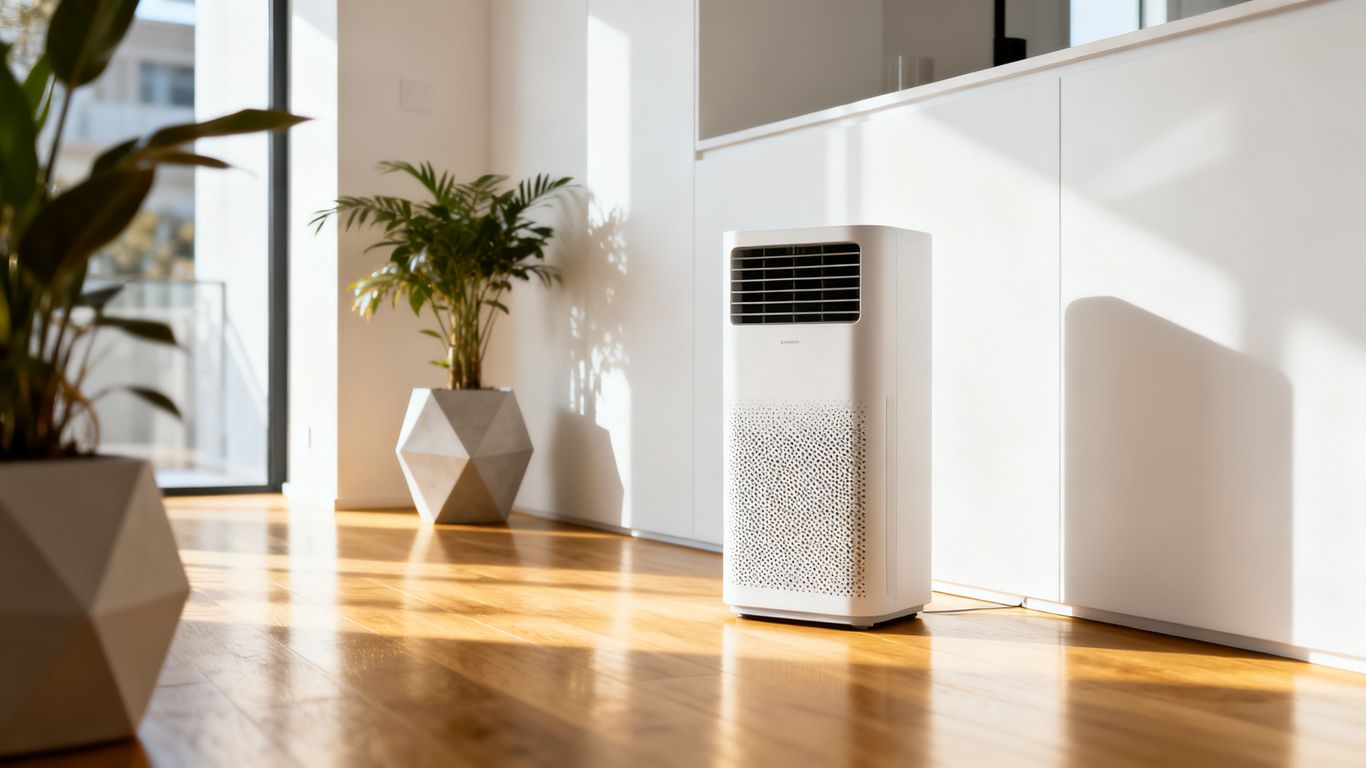 A clean and modern apartment featuring an integrated air treatment device.