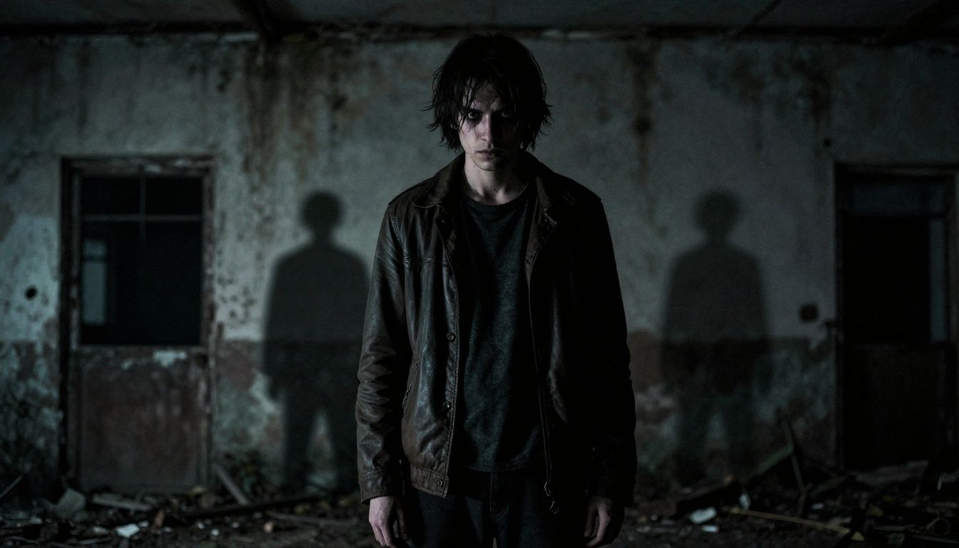 Cena misteriosa e sombria de um jogo de suspense com atmosferas envolventes, mostrando um personagem caminhando por ruínas e sombras ao fundo.