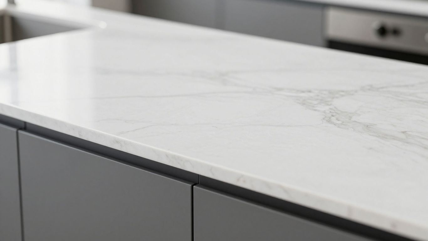 White quartz kitchen worktop with subtle veining.