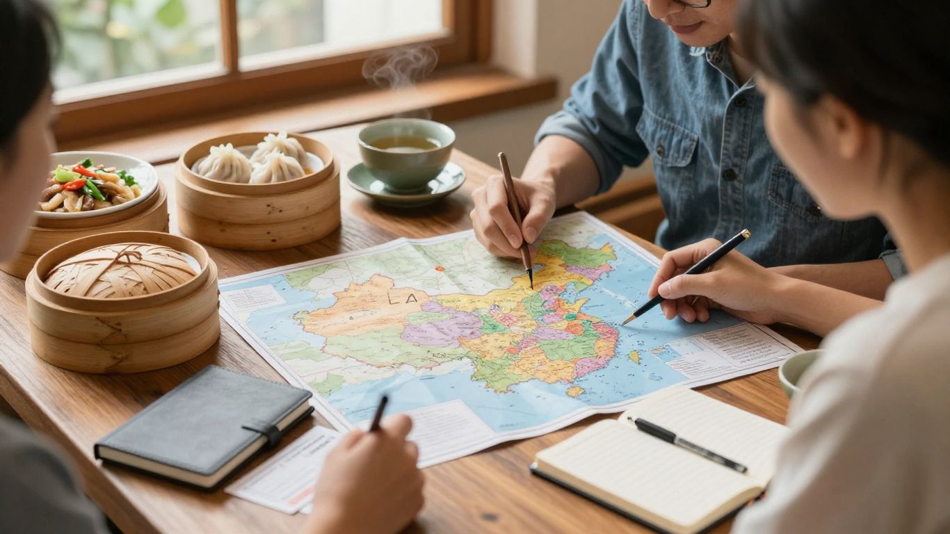 Traveler reviewing a China itinerary beside local dishes