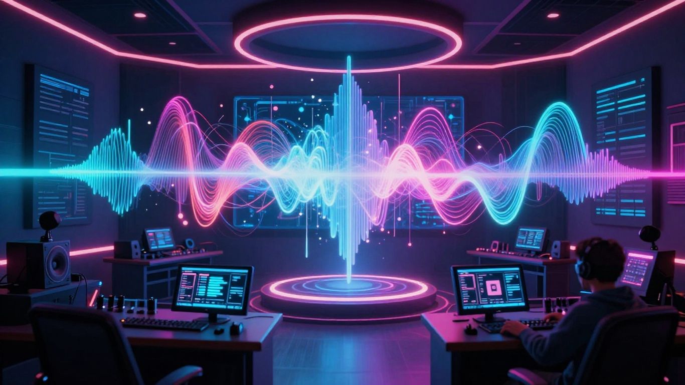 AI music video production studio with neon lights.