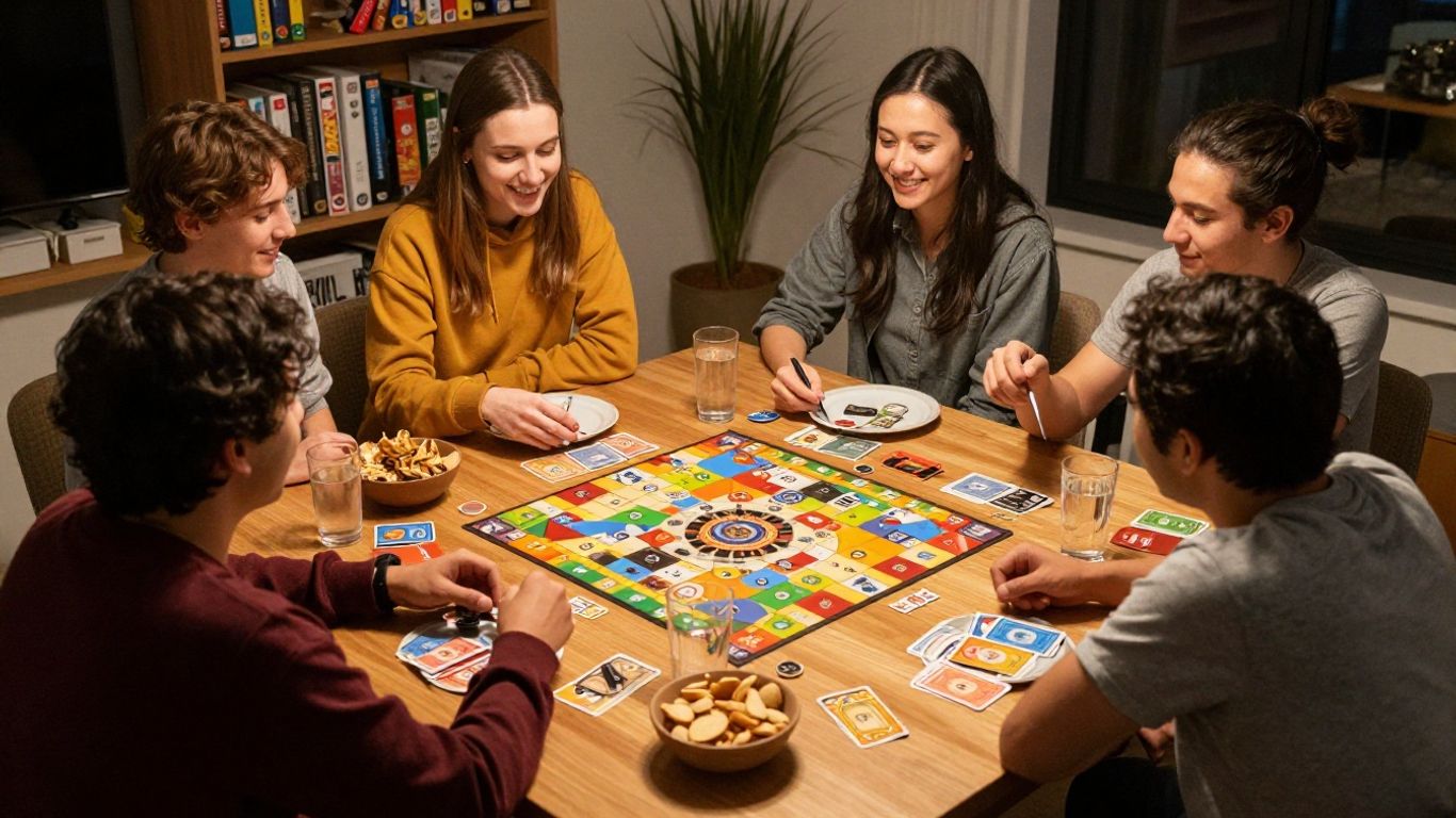 Friends gathered around a board game table