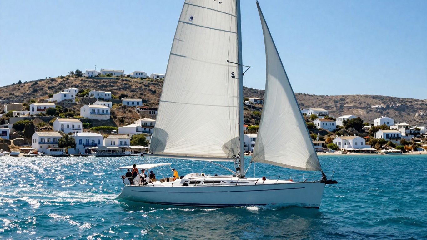 Sailboat on Aegean Sea near Greek island