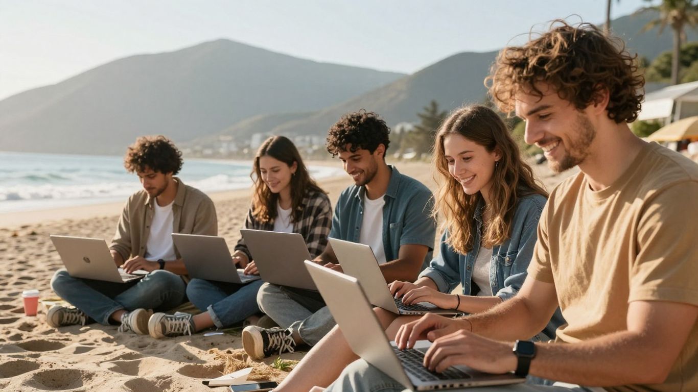 People working on laptops in beautiful outdoor settings.