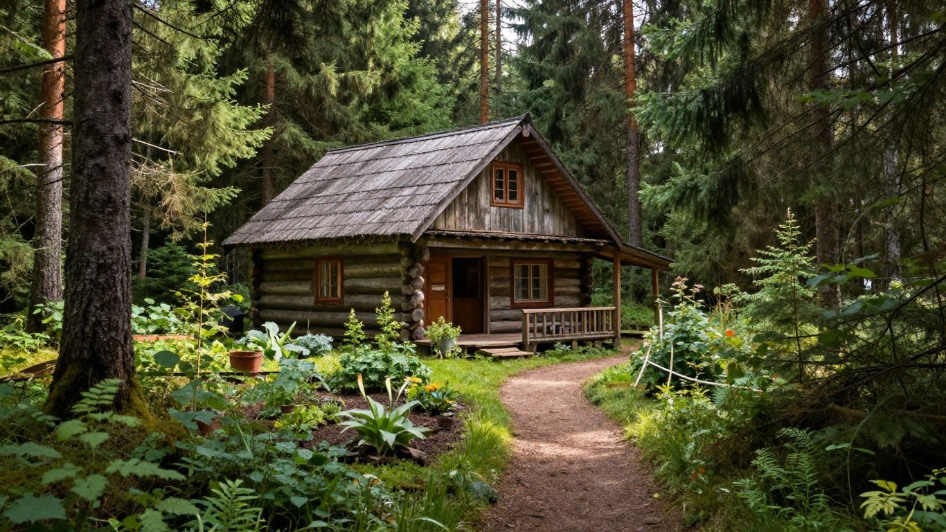 Off-grid cabin in a Washington forest.