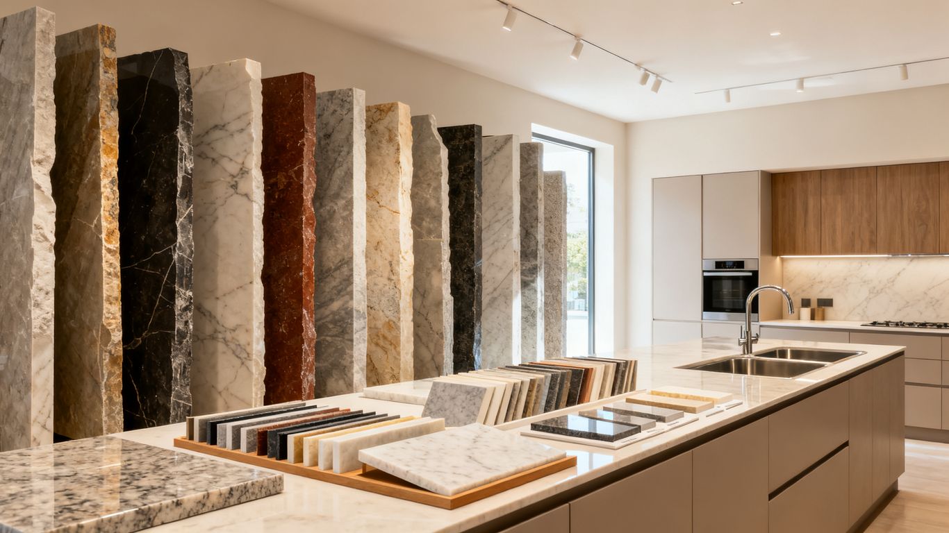 Countertop showroom with organized stone slabs