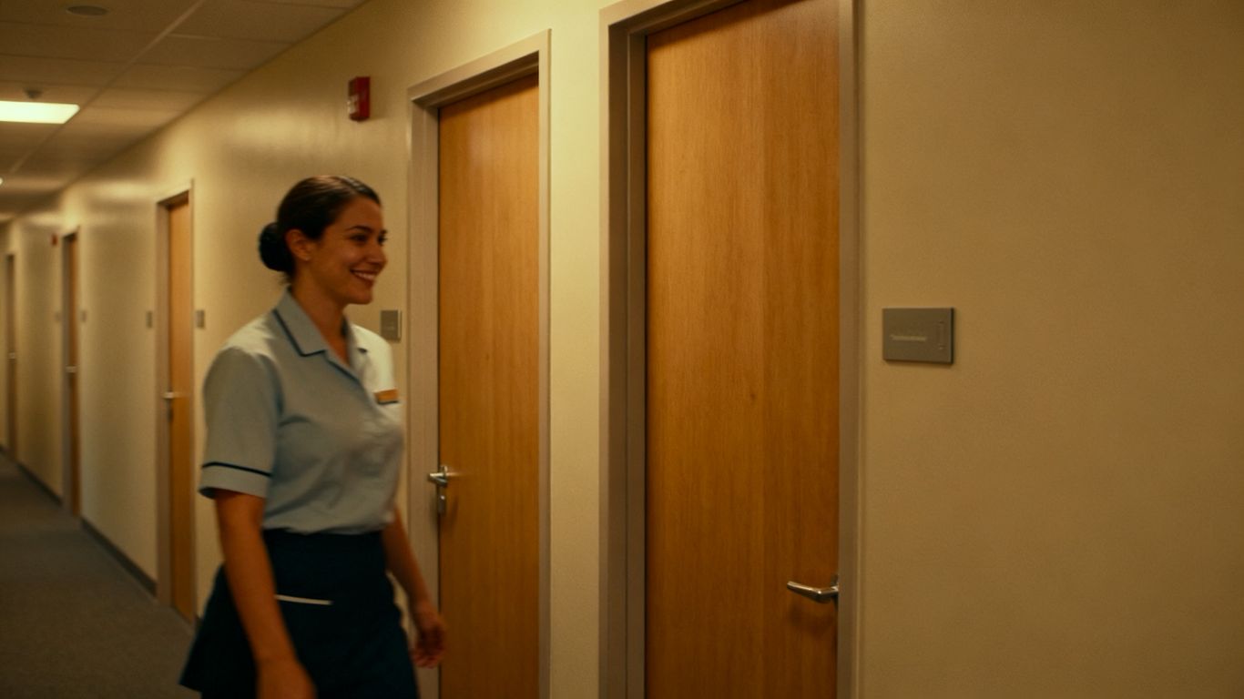 Hostel staff walking down a quiet corridor