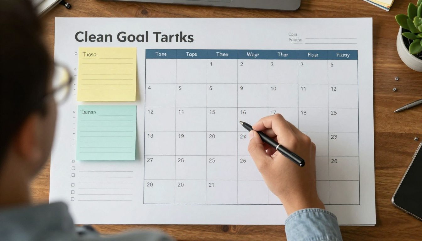 A diverse entrepreneur at a clean desk organizing connected goal cards, task notes, a weekly calendar, and routine markers into one clear visual planning system, warm natural light, realistic editorial photography, no text or readable words