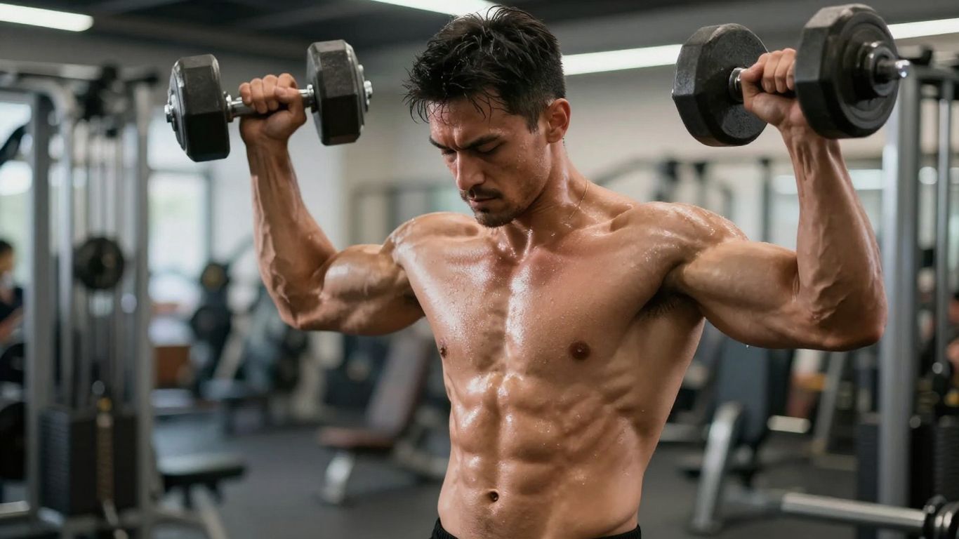 Muscular man flexing with dumbbell in gym