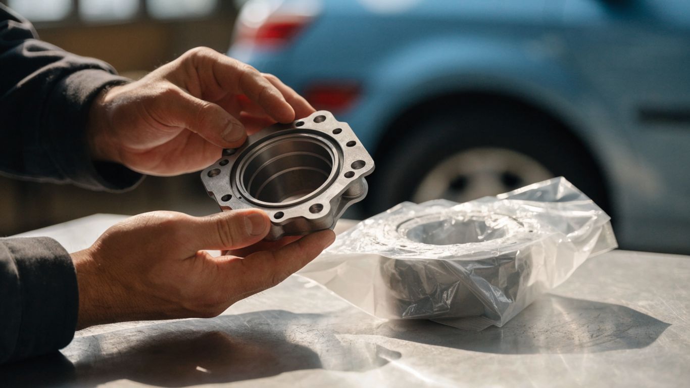 Close view of an auto part and its label