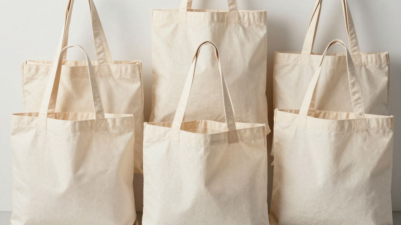 Assortment of cotton tote bags in various styles.
