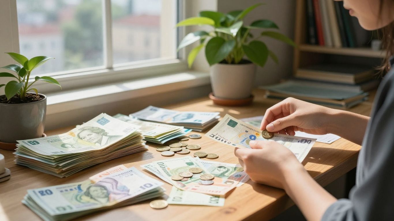 Persona organizando dinero con calma y sin estrés.