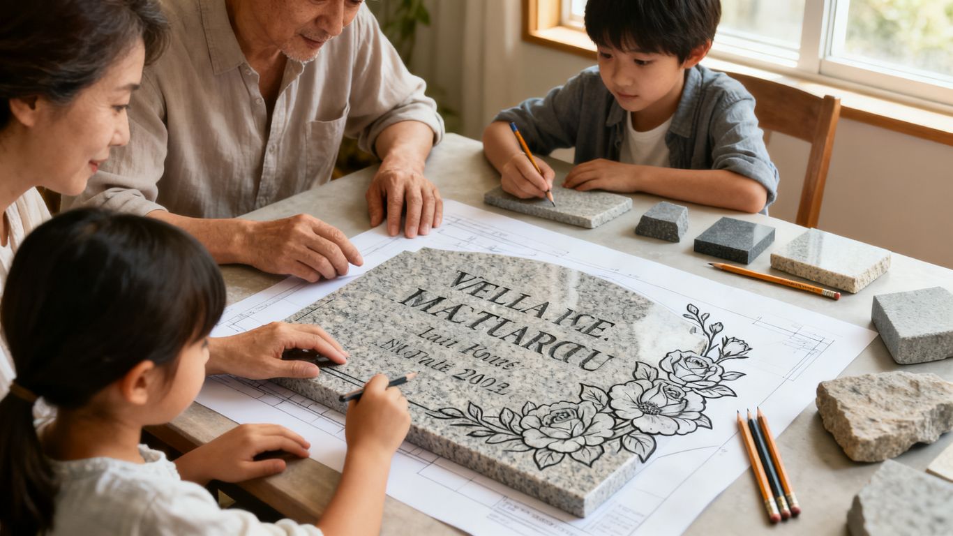 Family reviewing a granite memorial design proof
