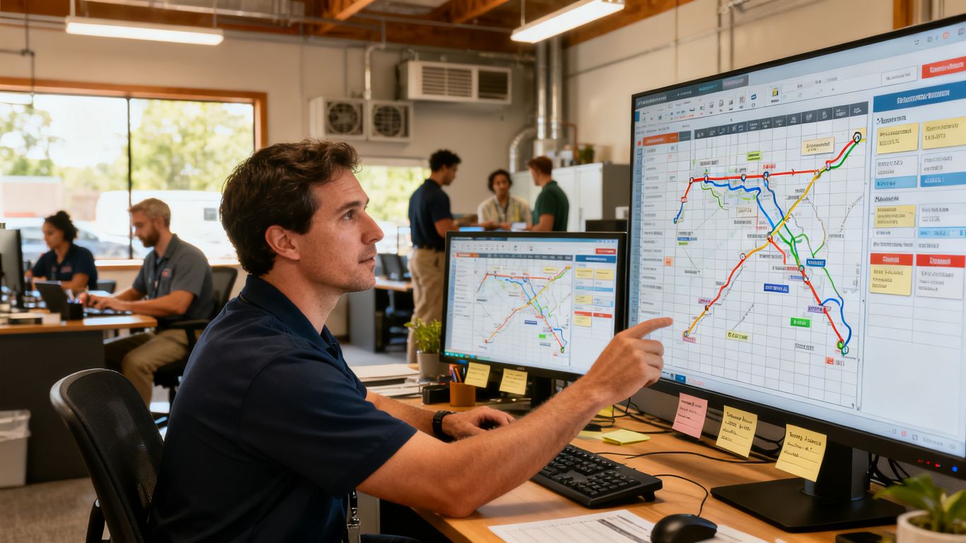 Dispatch board with HVAC technician schedules