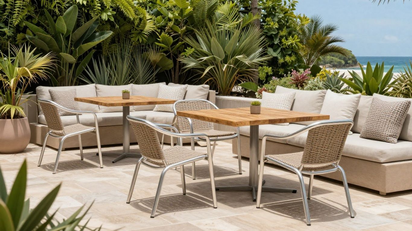 Powder-coated outdoor furniture on sunny patio