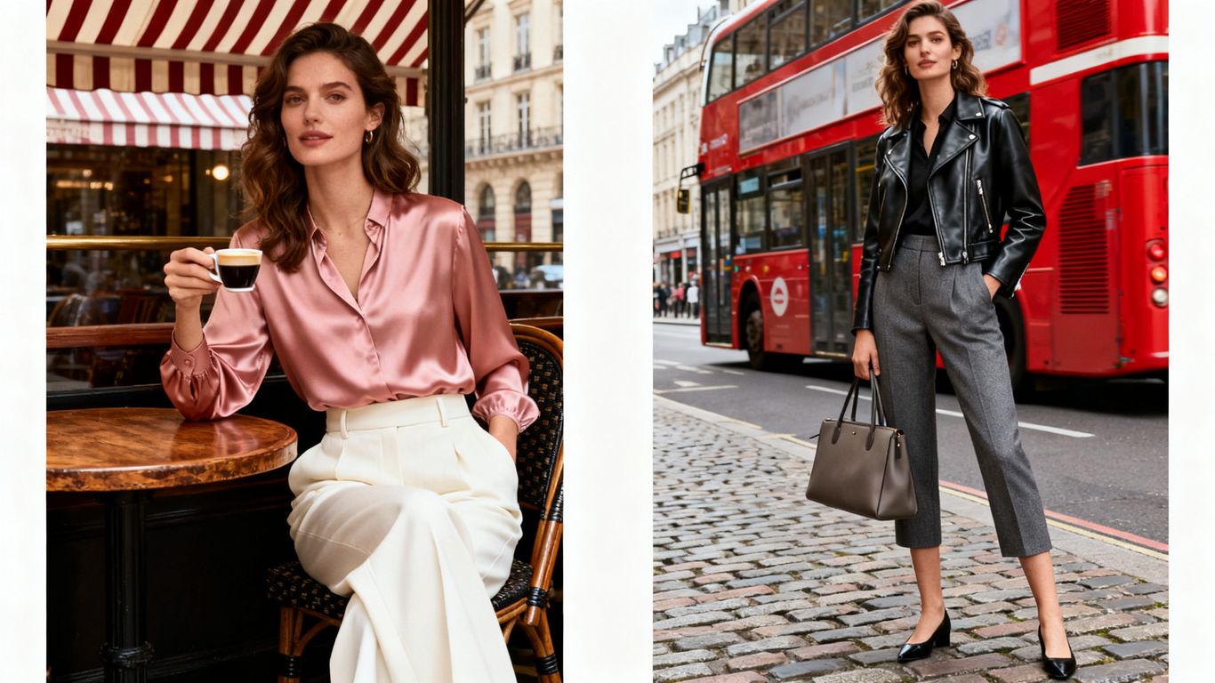 Stylish women in Parisian and London trouser trends.